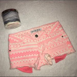 Pink and White Aztec Printed Denim Shorts